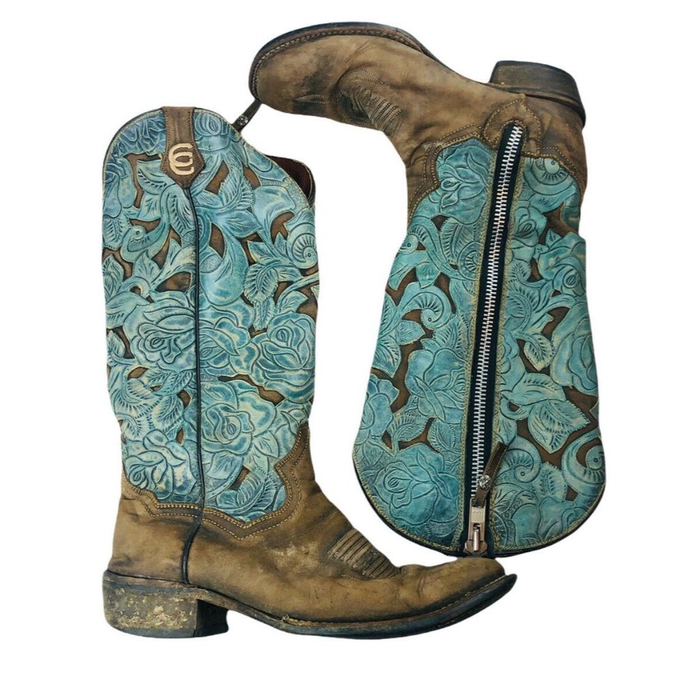 Dan Post women's teal floral western leather cowboy boots sz 10 style 4779
